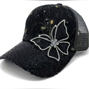 Black Sequin Butterfly 3D Mesh Cap NWT